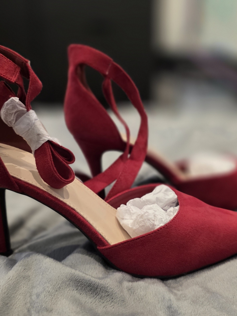 Women's Red Suede Pointed-Toe Heels with Ankle Strap